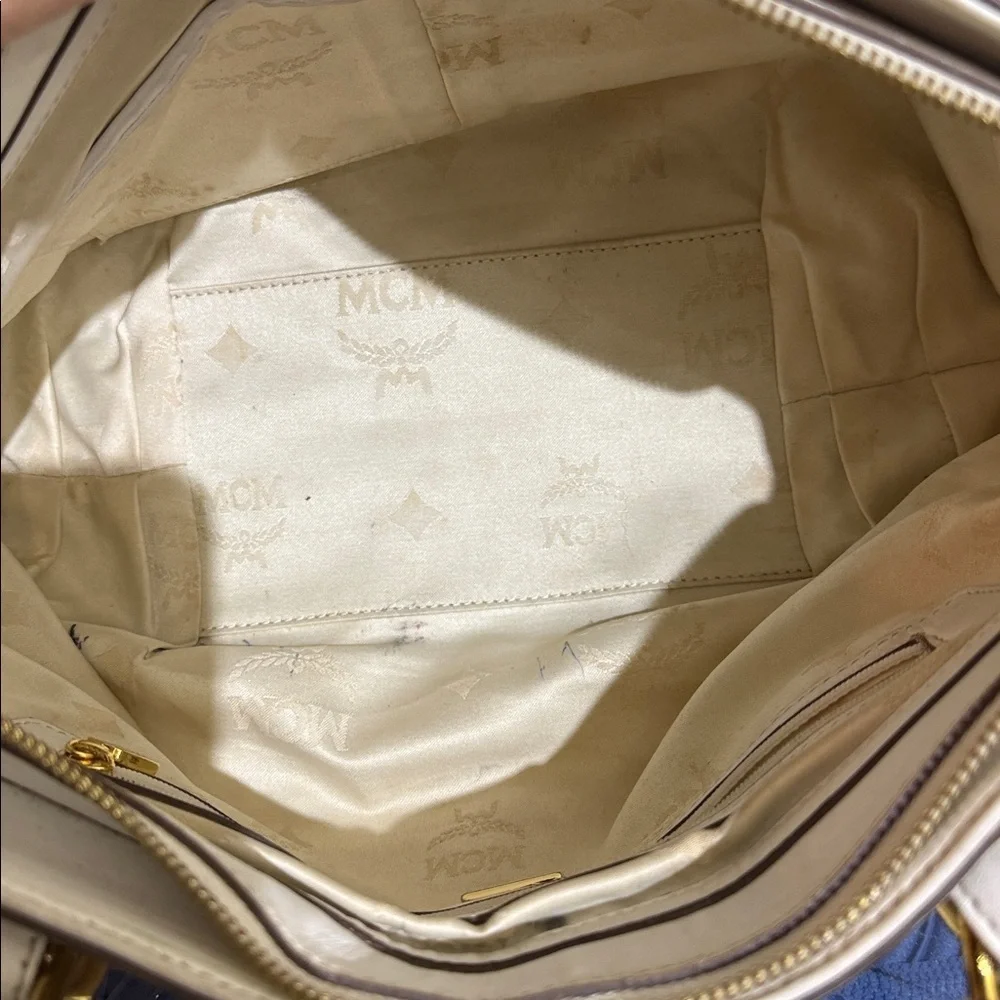 MCM Cream Satchel with Gold Accents